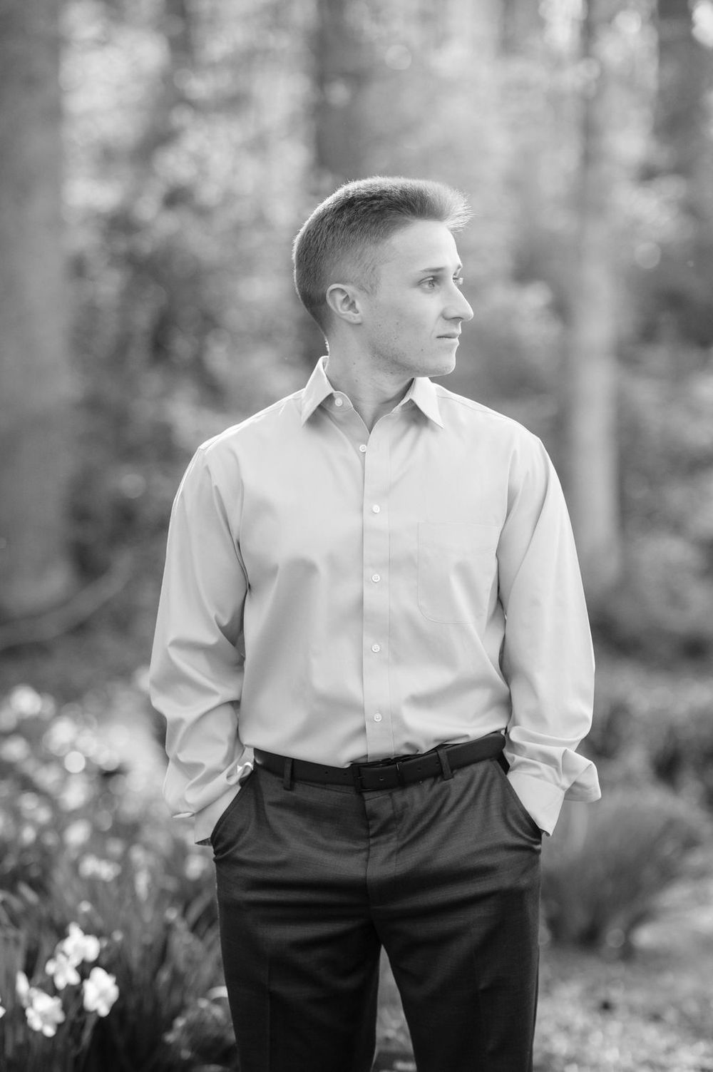 Black and white portrait series showing formal attire against a blurred forest background.