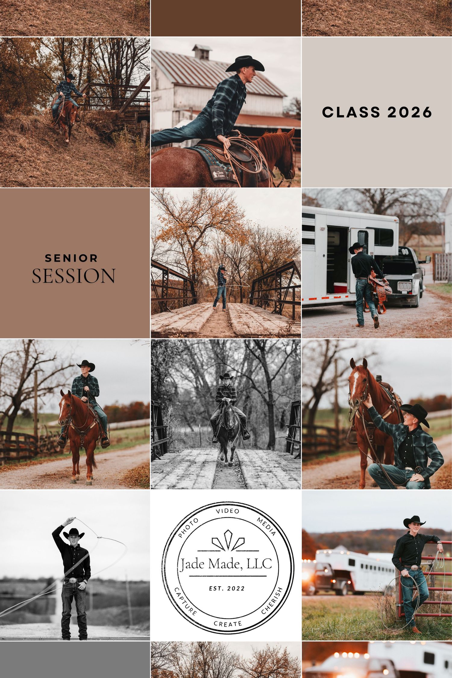 A collage of autumn-themed outdoor photography featuring horses, rustic fields, and country scenes in warm fall colors.