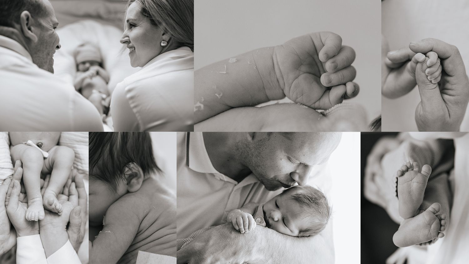 A collection of intimate black and white photographs showing tender moments between parents and newborn babies.