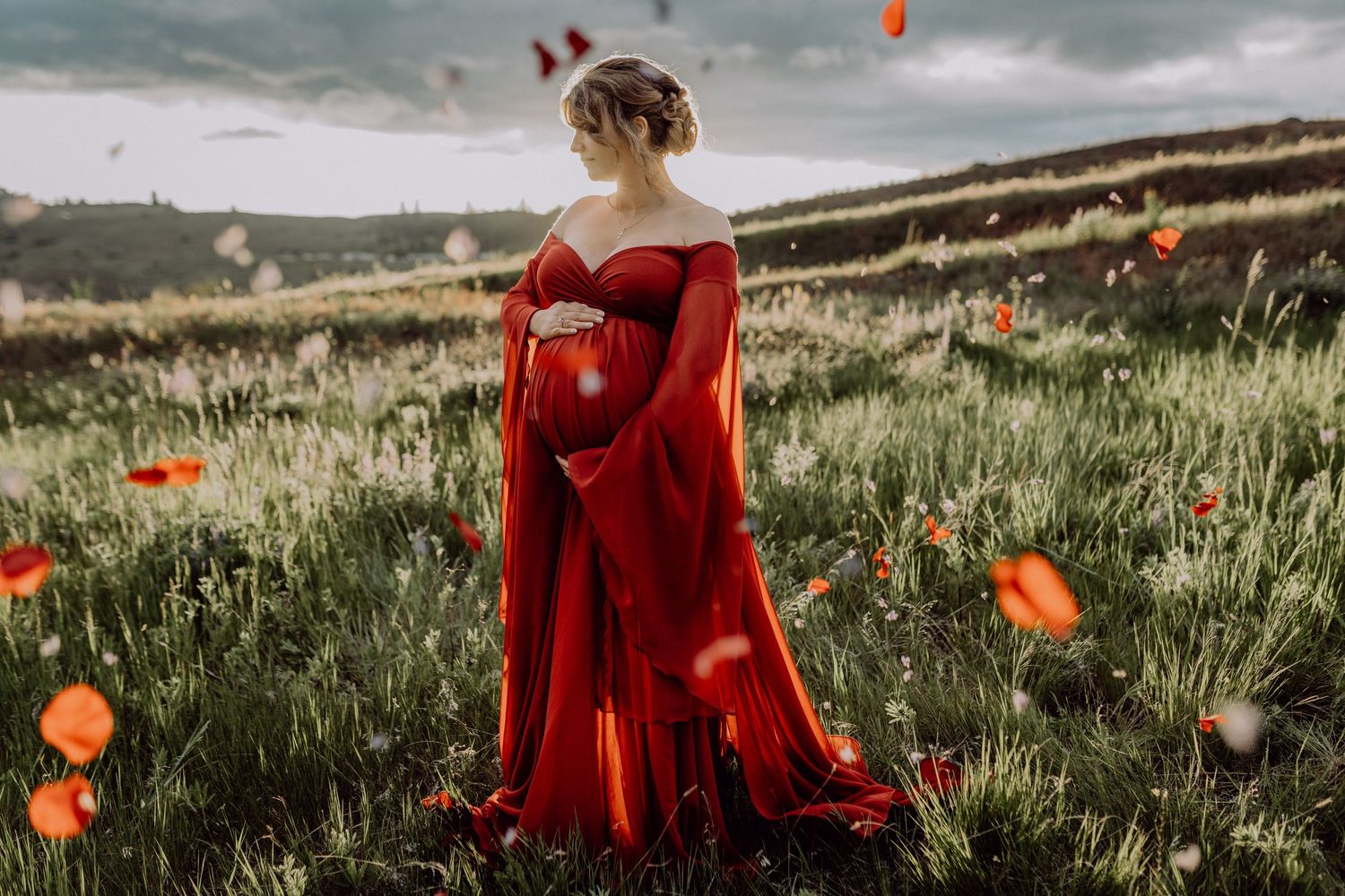 A figure in a flowing red dress stands in a grassy meadow with orange poppies under a moody cloudy sky.