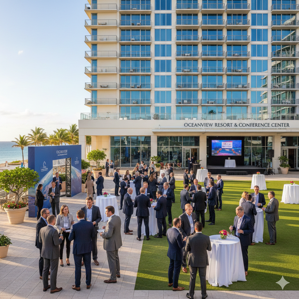 Business professionals networking at an outdoor corporate event with display tables and banners on a sunny day.