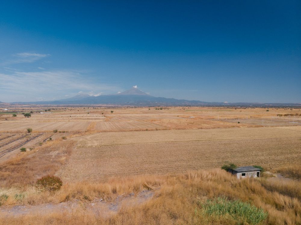 Panoramic view of a vast desert landscape with distant mountains and scattered vegetation under a bright blue sky.