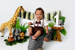 A series of safari-themed first birthday photos with stuffed animals, palm leaves, and grey backdrop decorations.