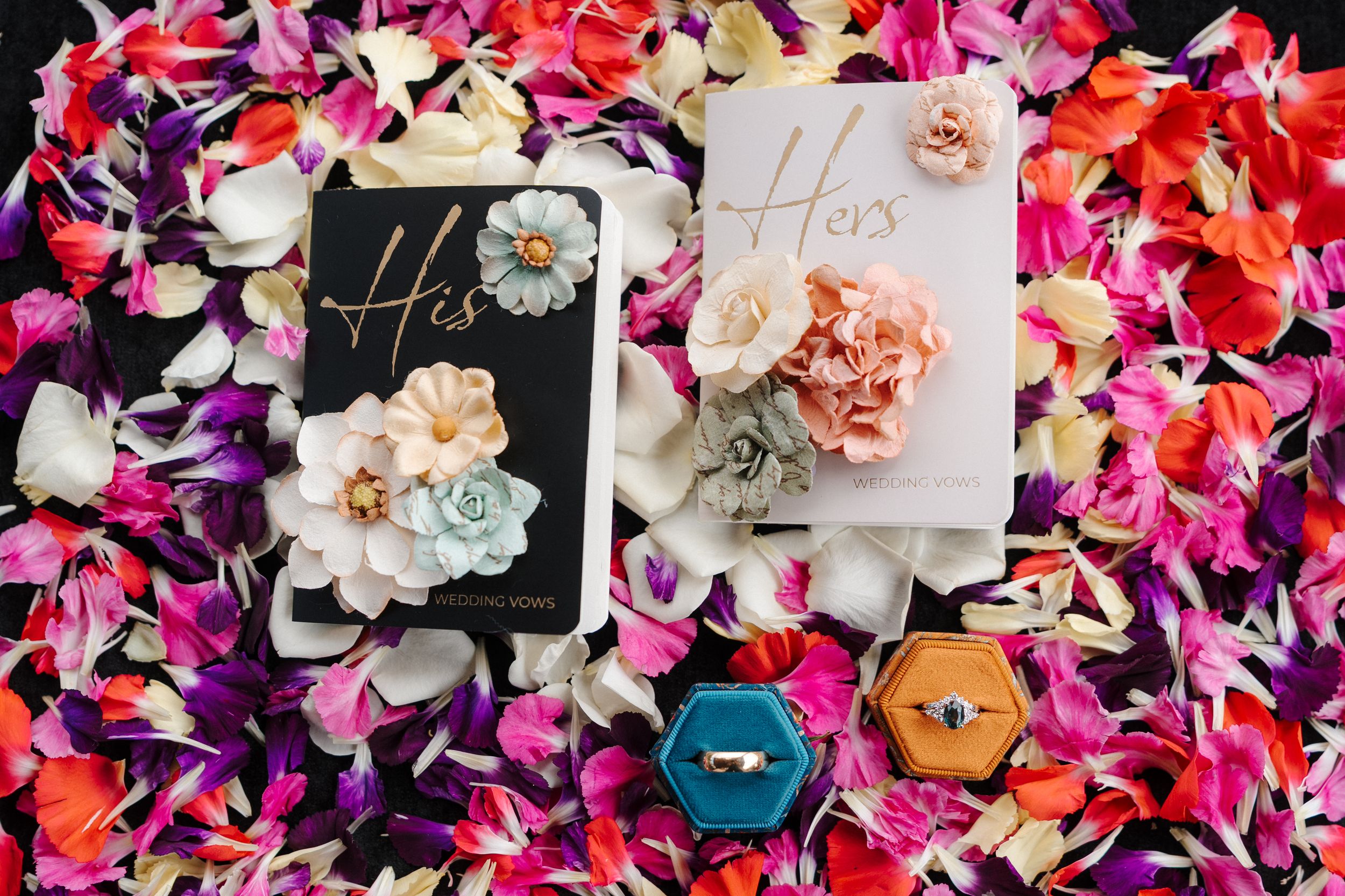 His and Hers wedding vow books with floral decorations and a ring box displayed on colorful rose petals.
