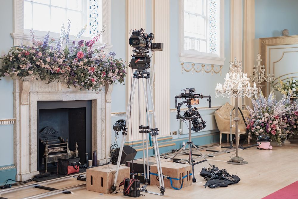 Behind the scenes of a Bridgerton Netflix filming setup at Newark Town Hall, showing the amount of media equipment used.