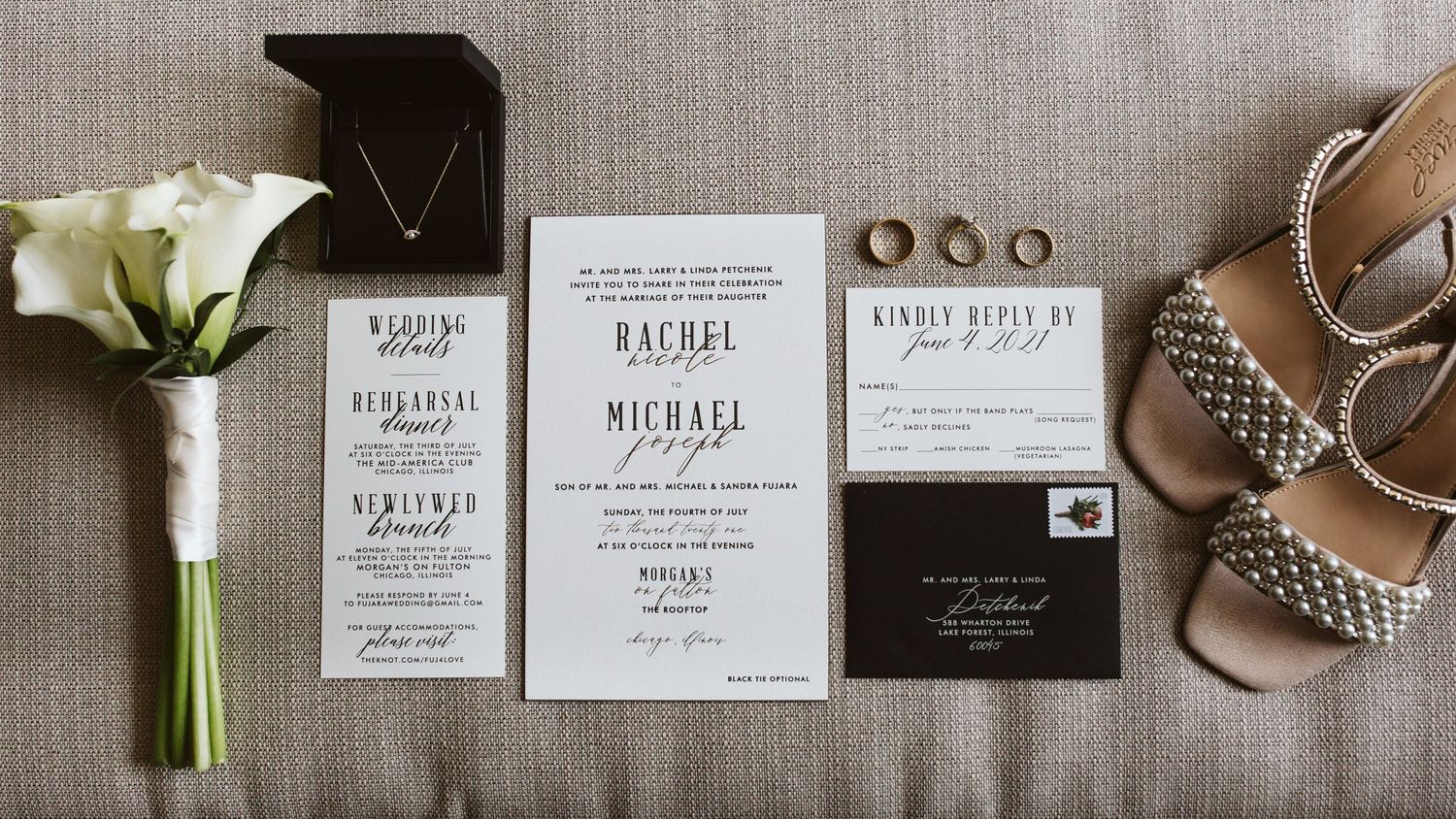 Wedding invitation suite with calla lily bouquet and studded bridal shoes on linen background.