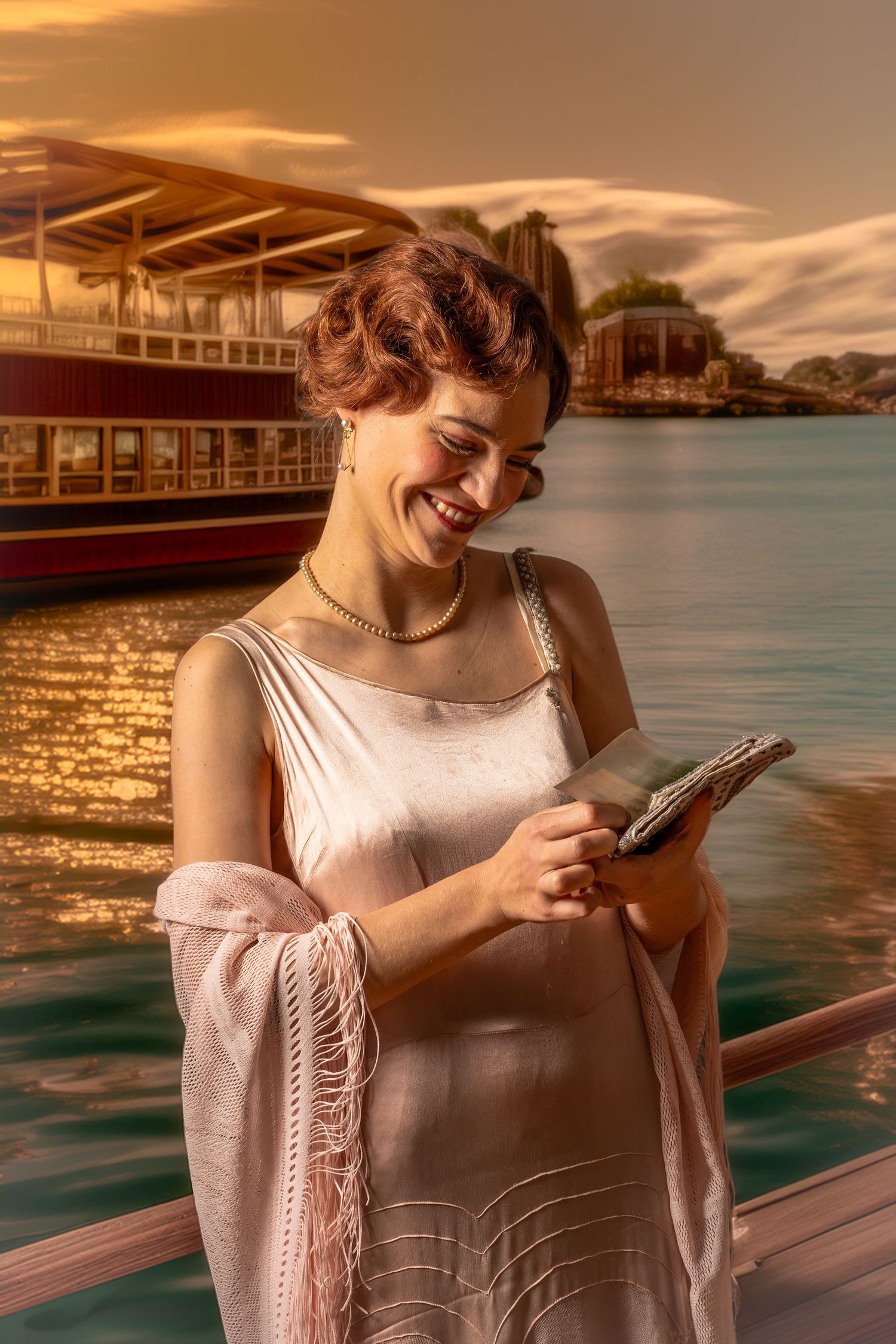 theatre photography promo shot Brighton of a woman wearing 30,s dress looking at her ticket with paddle steamer in the background.