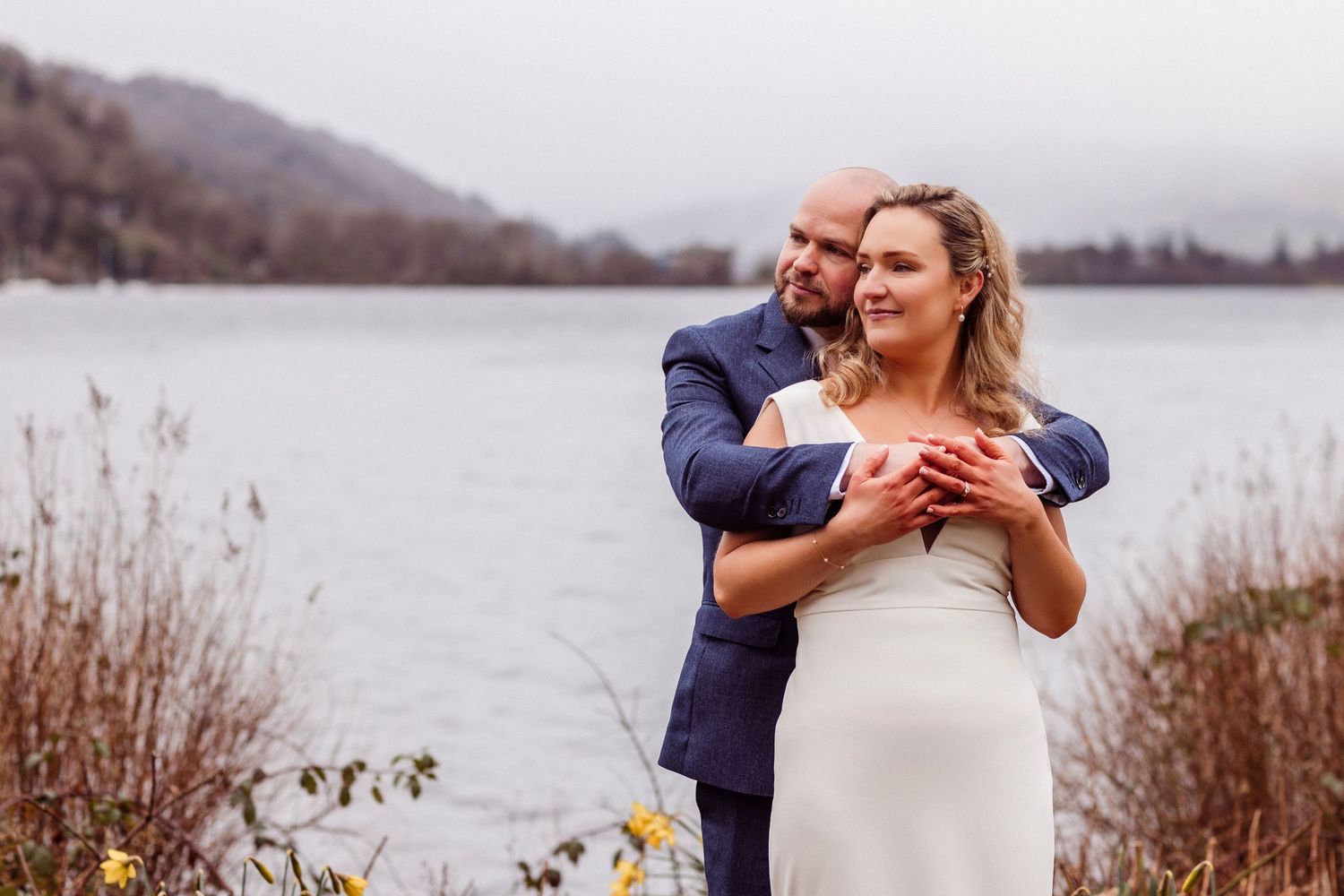 Bride and groom at Storrs Hall on Lake Windermere
