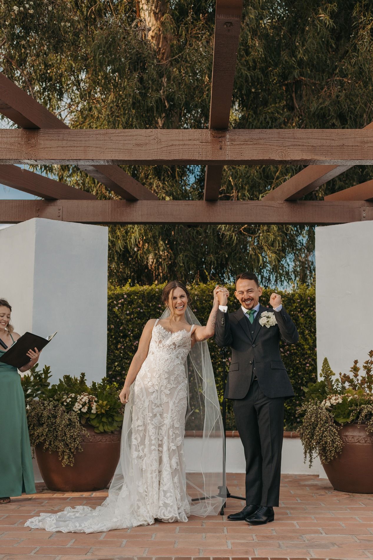 A sequence of wedding ceremony moments captured under a wooden pergola on a tiled patio with potted plants at San Clemente Shores.