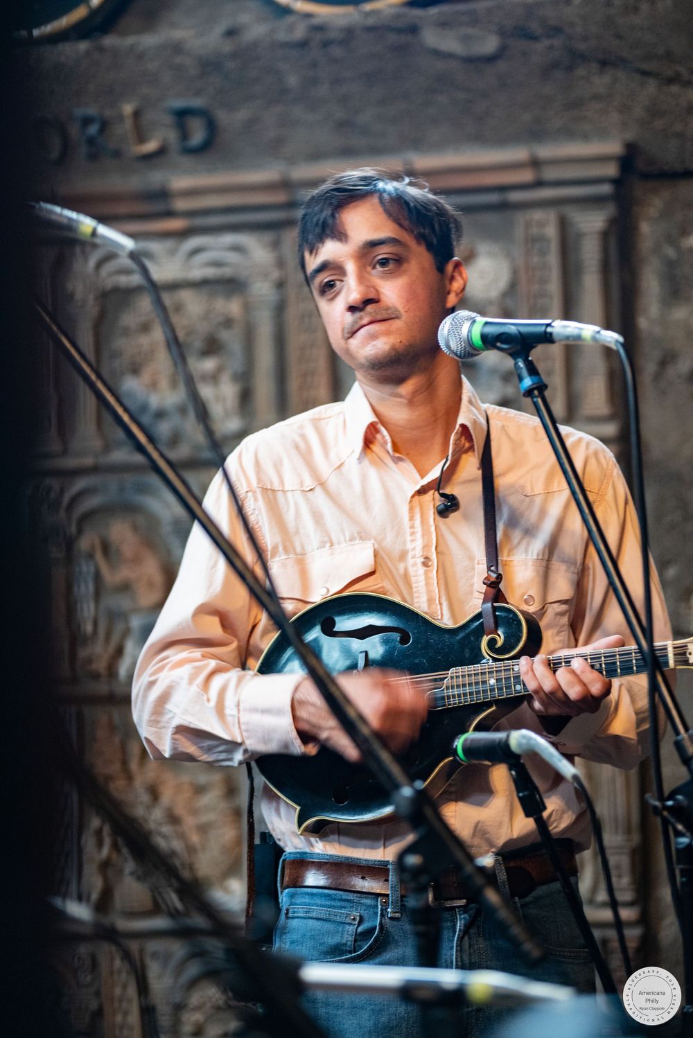Musician in a cream button-up shirt plays an electric mandolin on stage beside microphones in front of an ornate carved stone wall.
