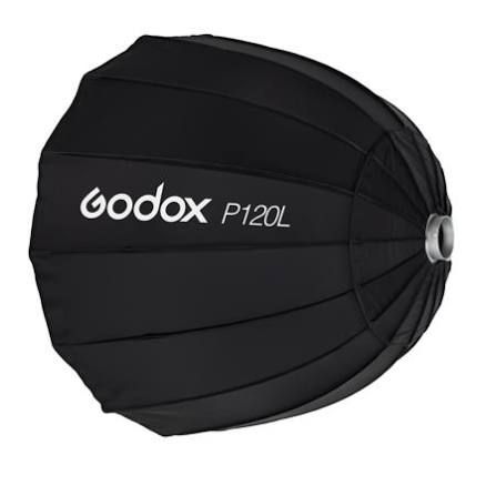 Godox P120L parabolic softbox, a large round photography light modifier with black fabric and silver interior.