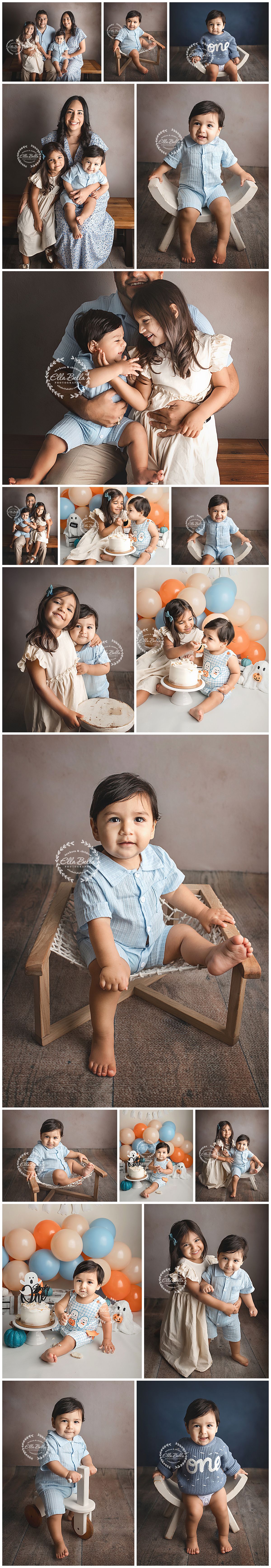 A baby boy in a blue romper celebrates his first birthday with cake smash photos, balloons, and family portraits in a studio.