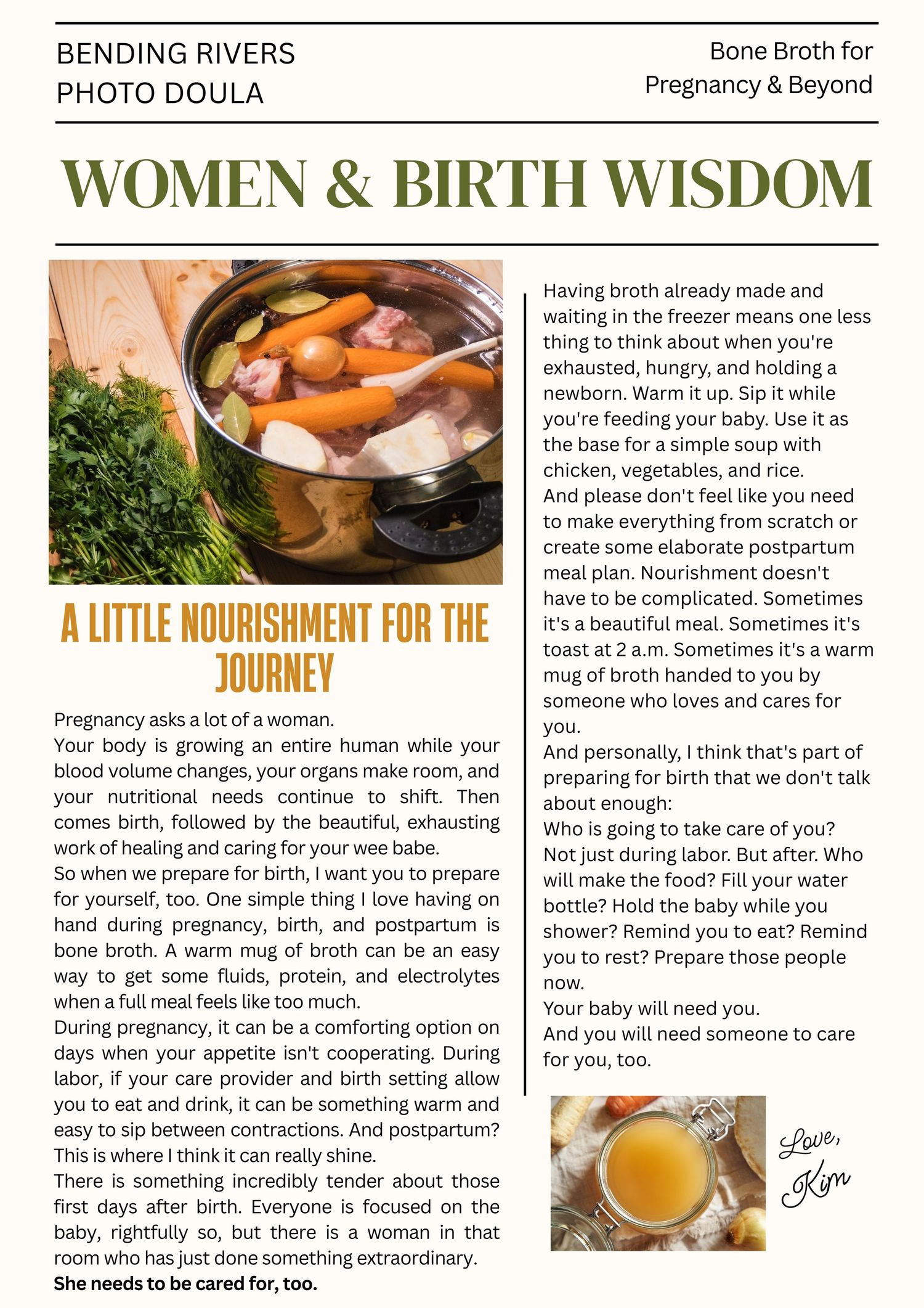Pot of simmering bone broth with chicken, carrots, and herbs beside a mug of golden broth on a pregnancy and birth wisdom flyer.