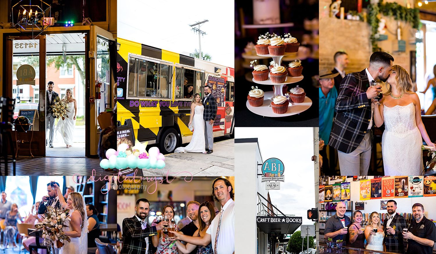 Wedding celebration collage featuring food truck, cupcakes, and happy couple toasting with guests.