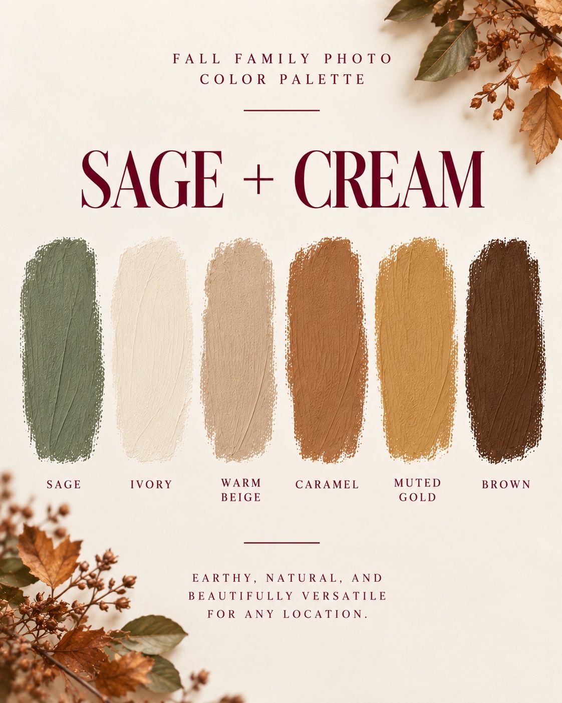 Fall family photo color palette featuring sage, ivory, warm beige, caramel, muted gold, and brown earthy tones.