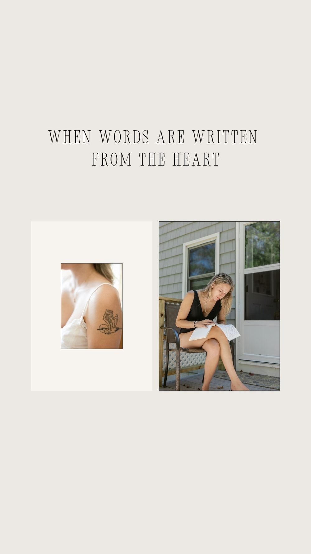 A woman sits on side porch writing wedding vows and with a close up photo of a crane tattoo on her shoulder. Hampton wedding photographer.