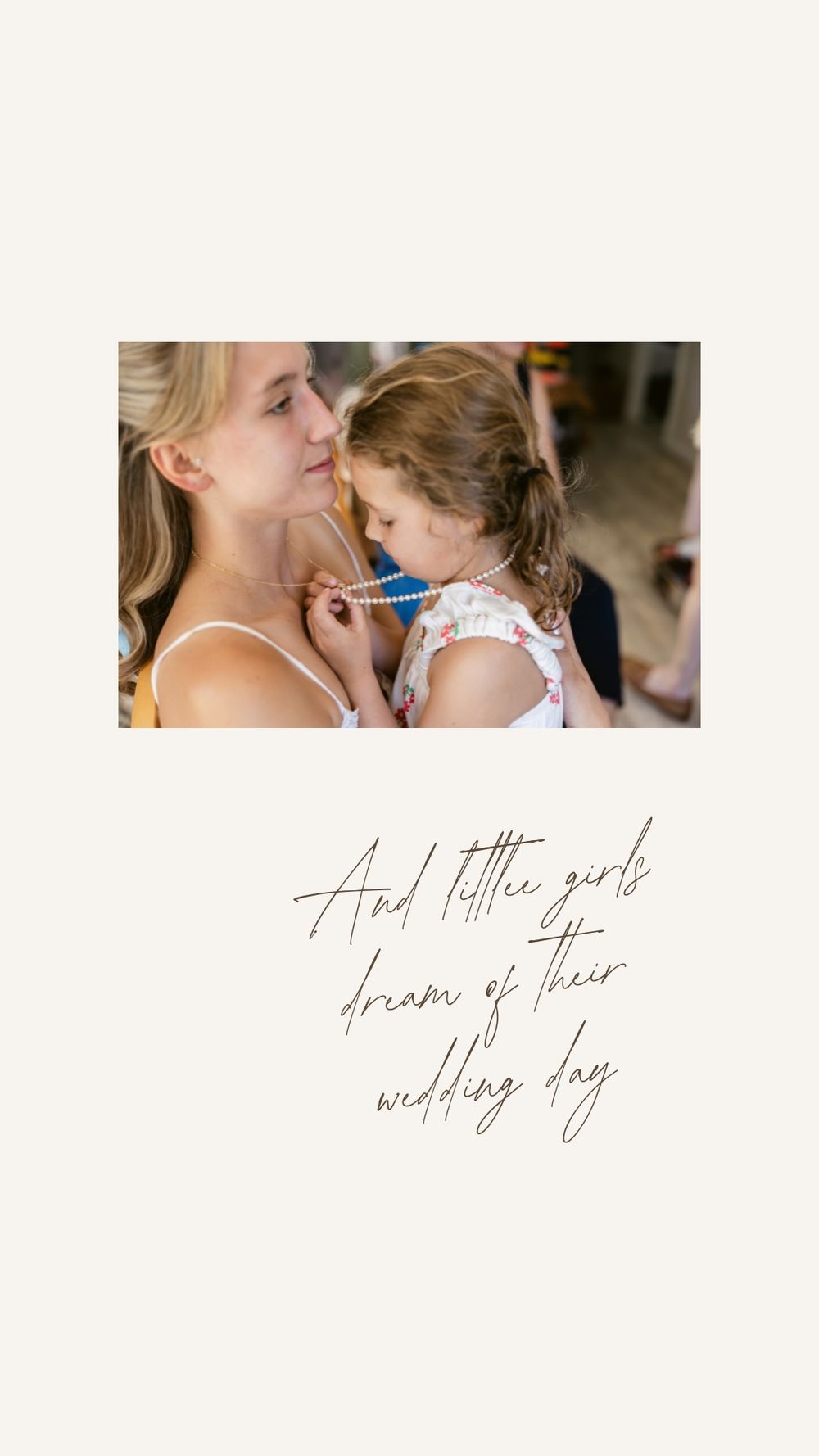 A young girl plays with a bride's necklace while siting on her lap with cursive text about wedding dreams. Southern Maine wedding photos.