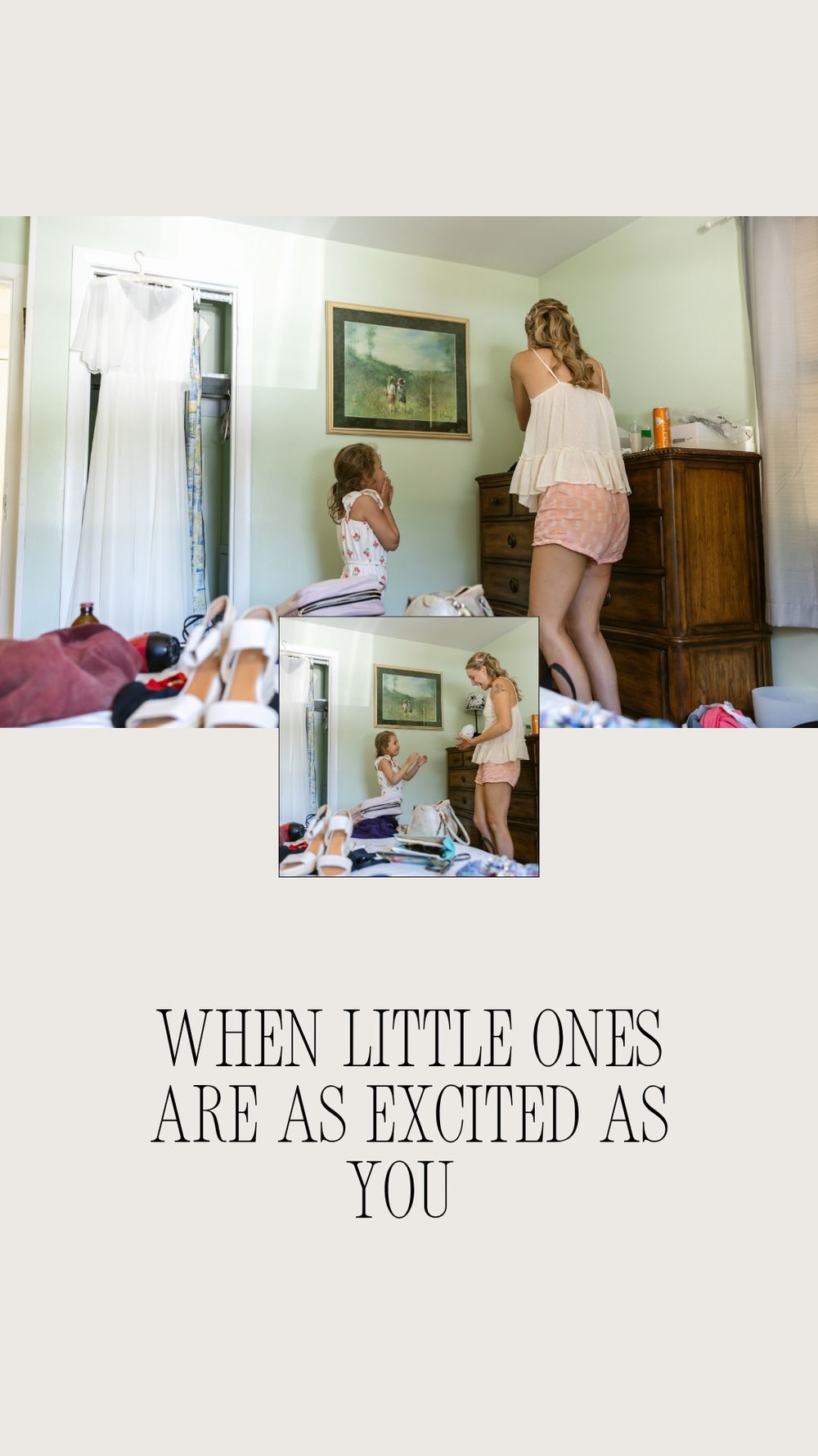Young girl excitedly helps a bride get ready in a bedroom, with a wedding dress hanging nearby. Concord, Lakes region wedding photographer