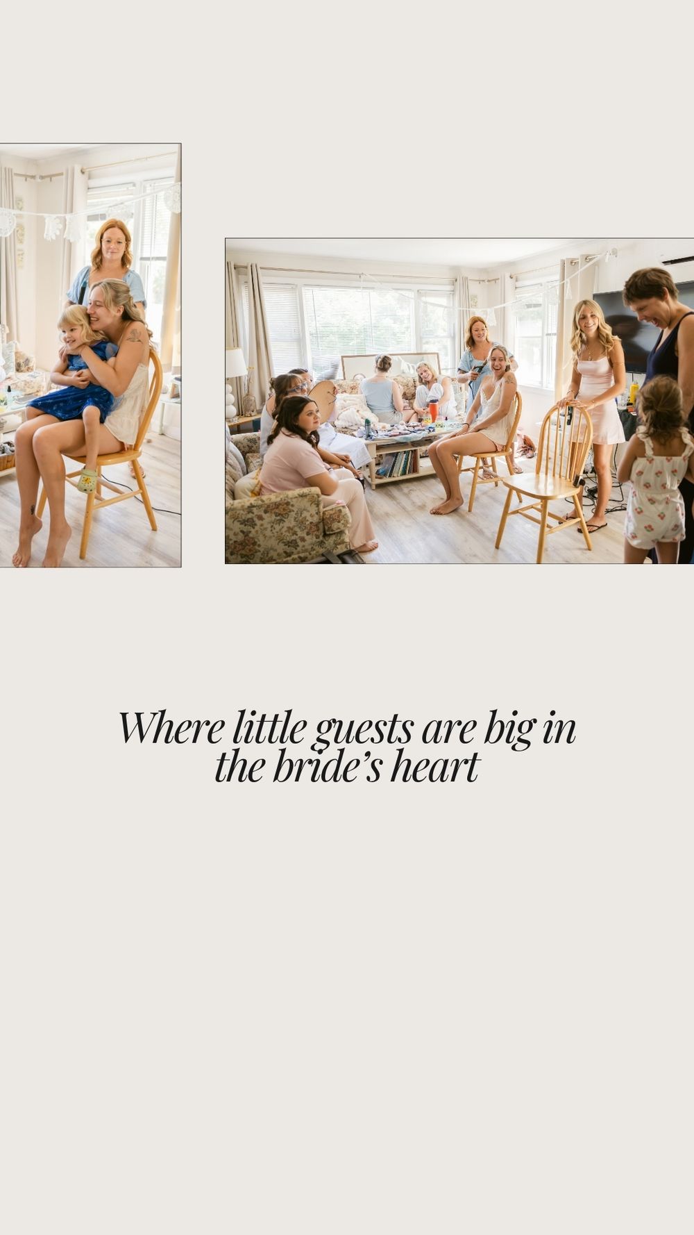 Bride hugs children during getting ready photos in bright room, with guests gathered nearby in a warm, candid setting in Kennebunkport.