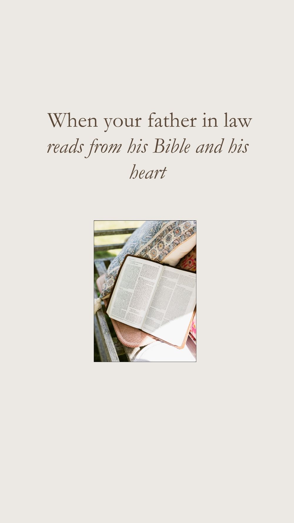 An open Bible on a bench outside with text about a father-in-law reading from his Bible. Hampton wedding photographer
