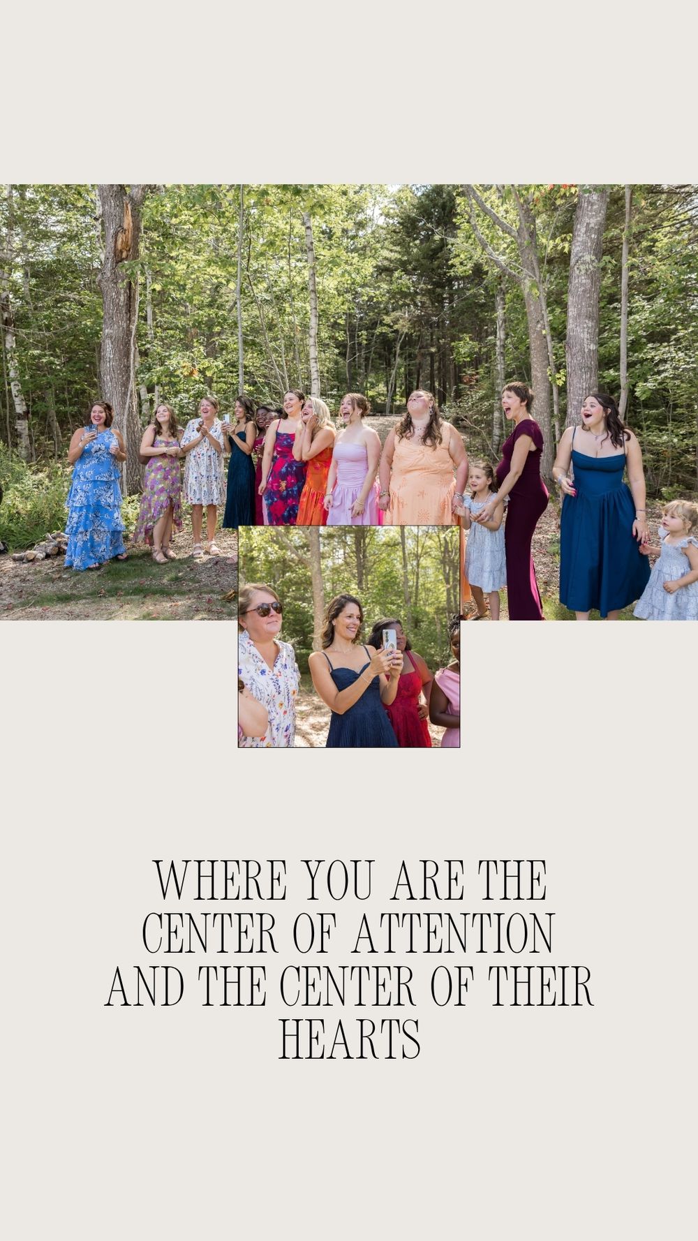 Wedding guests in colorful dresses cheer on bride as she exits a home on a wedding day in Kennebunkport. North Shore wedding photographer.