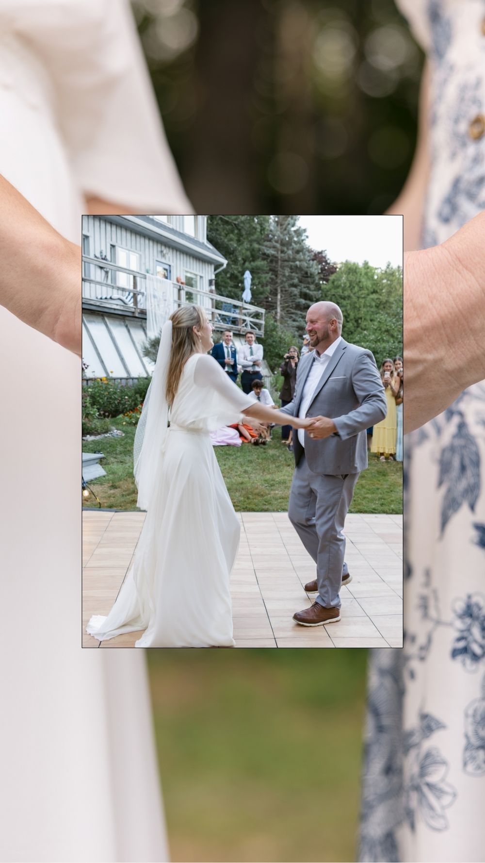 A collage of mother daughter holding hands and a father and bride dancing happily in a backyard wedding. Concord wedding photographer.