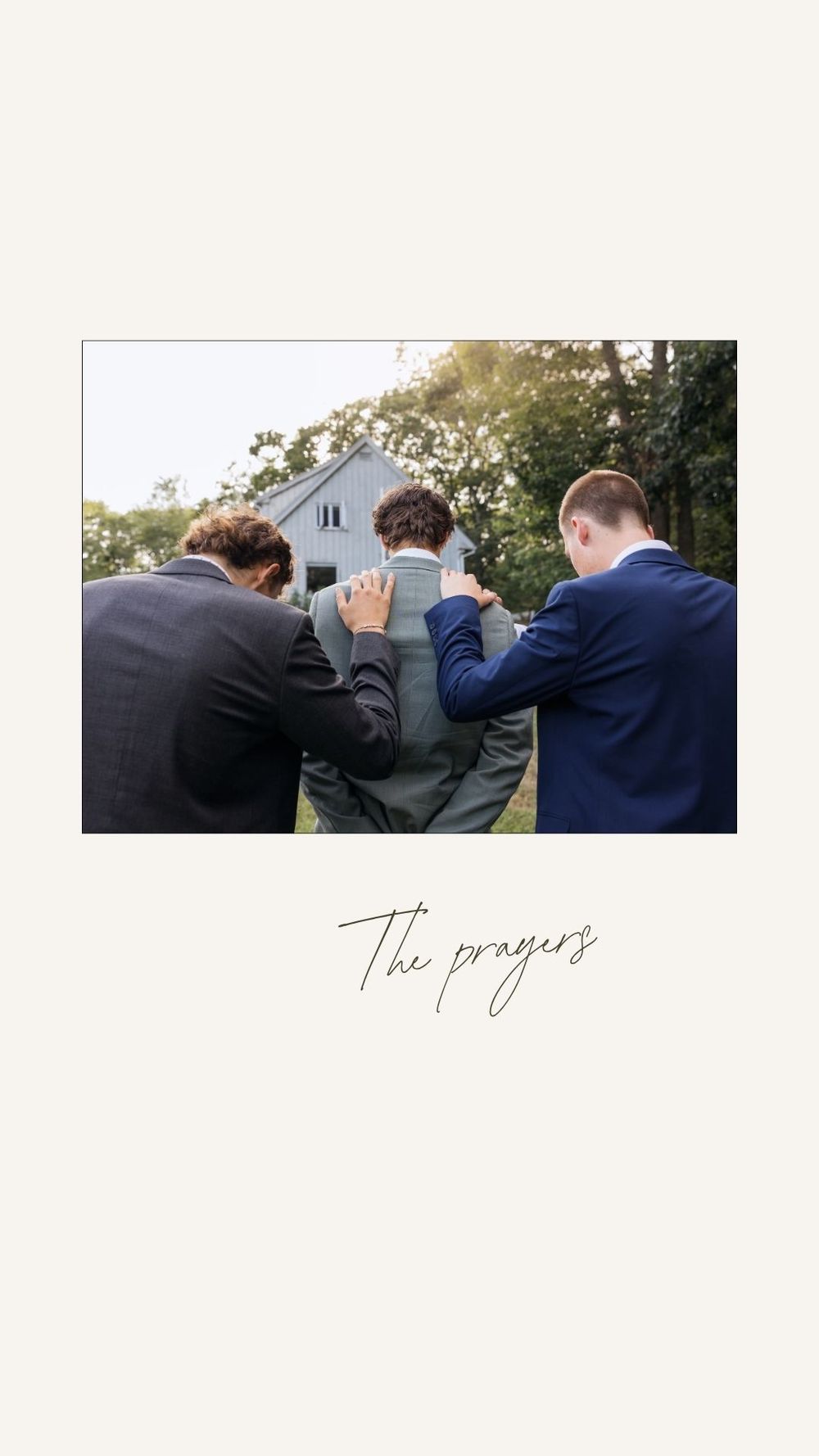 Three groomsmen in suits pray together outdoors before wedding ceremony at a backyard Kennebunkport wedding. Southern Maine wedding  photos.