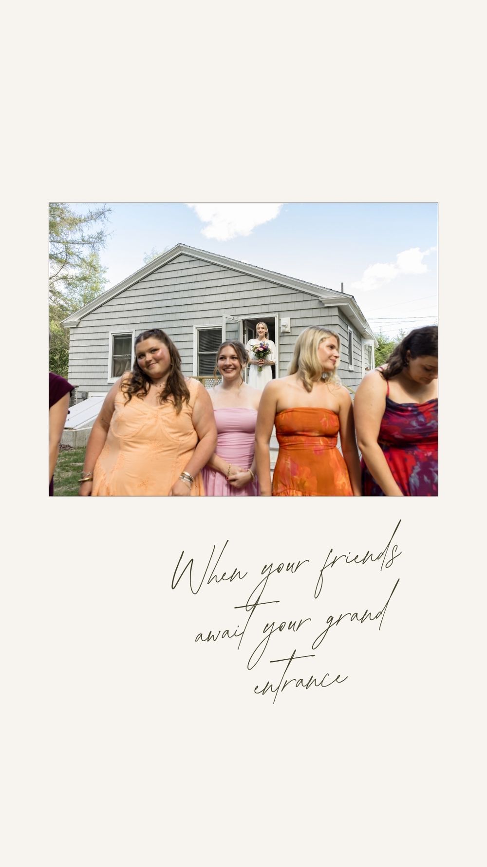 Bride stands on side porch while bridesmaids in colorful dresses await her grand entrance outside at Kennebunkport wedding.