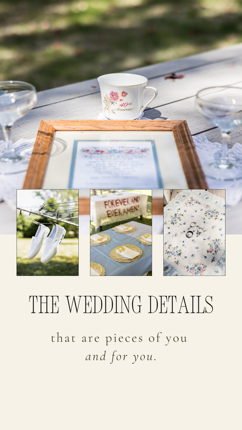 Elegant wedding details collage featuring floral teacup, framed menu, white shoes, golden place cards, and vintage floral fabric.