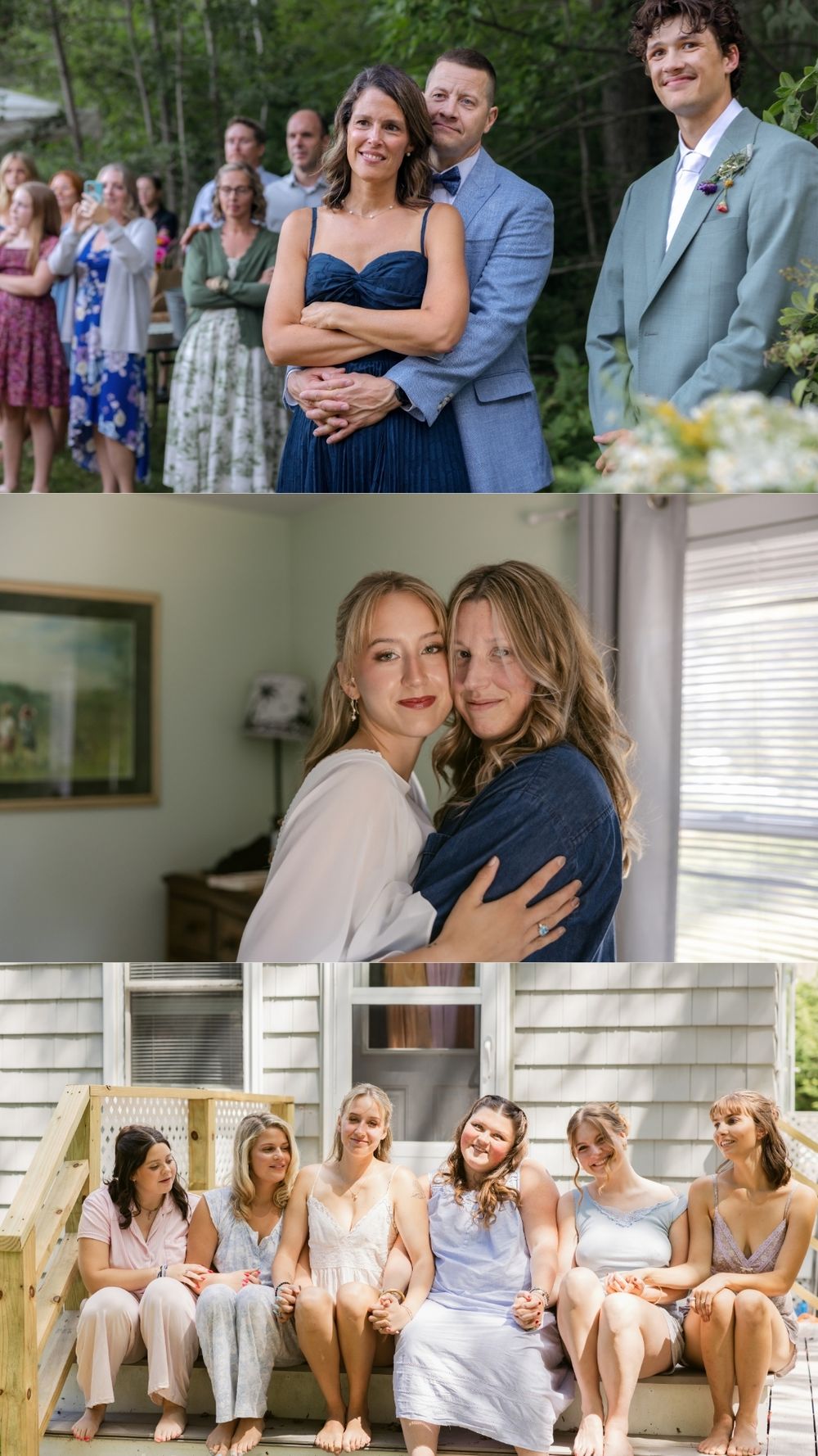 A collage of mother and bride embracing in a pastel green room and bridesmaids sit together on wooden steps in pajamas outside on sunny day