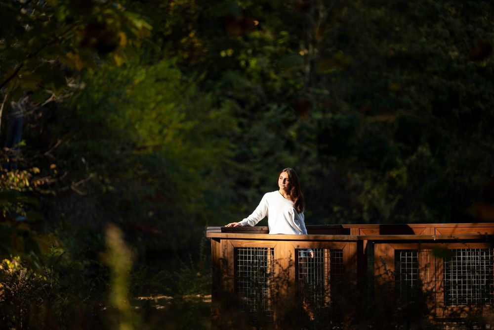 Woman in white leans on a wooden railing lit by soft sunlight, framed by dark green forest foliage.