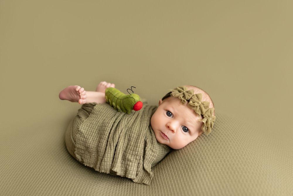 Newborn baby wrapped in green swaddle with knit hat and frog toy on olive green background.