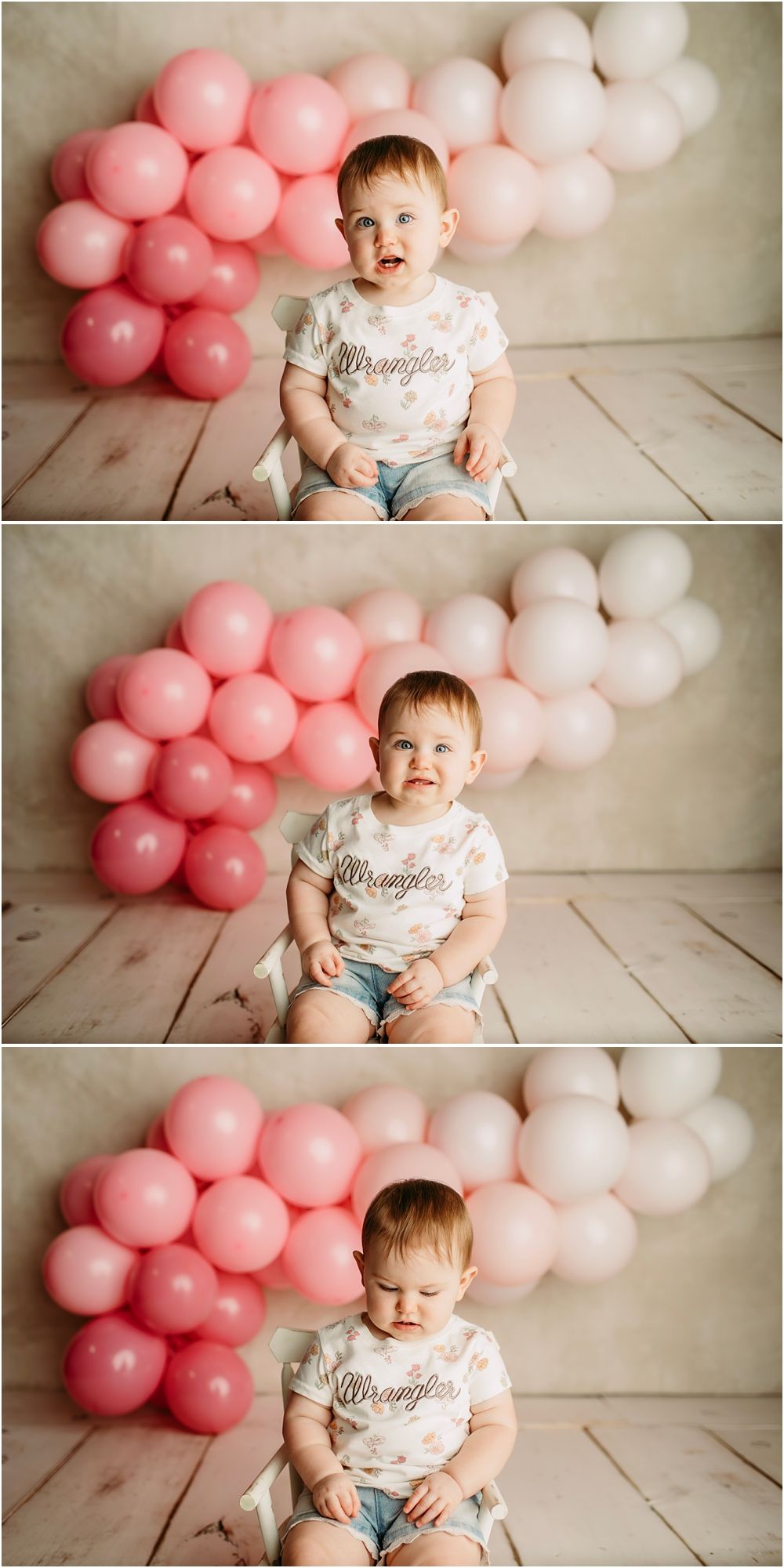 Baby in Wrangler onesie and denim shorts sits before pink balloon garland backdrop in three-pose photo collage.