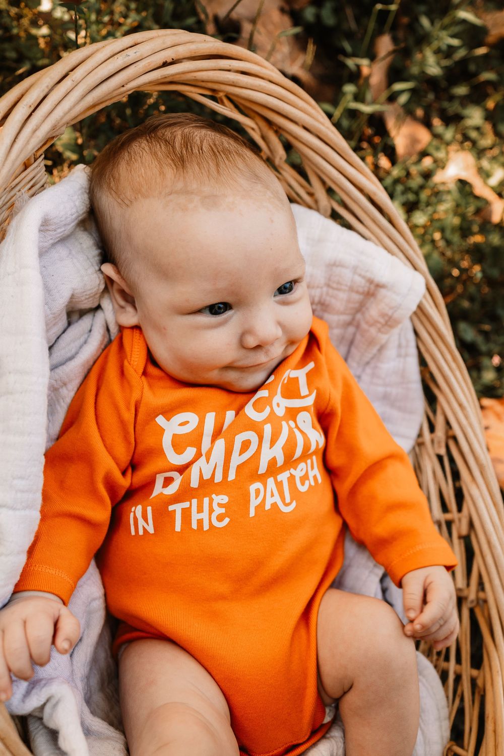 Baby in an orange long-sleeve bodysuit reading cutest pumpkin in the patch during a lifestyle family photography session in Oak Ridge.