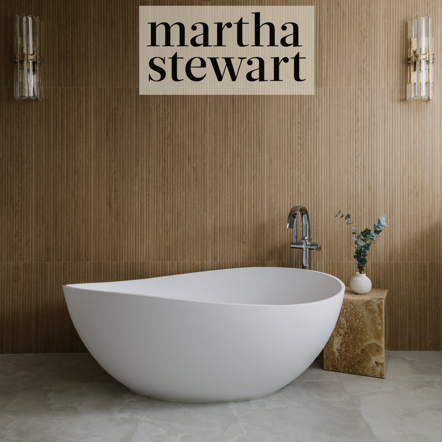 Bathtub in front of tiled wall that looks like wood slats
