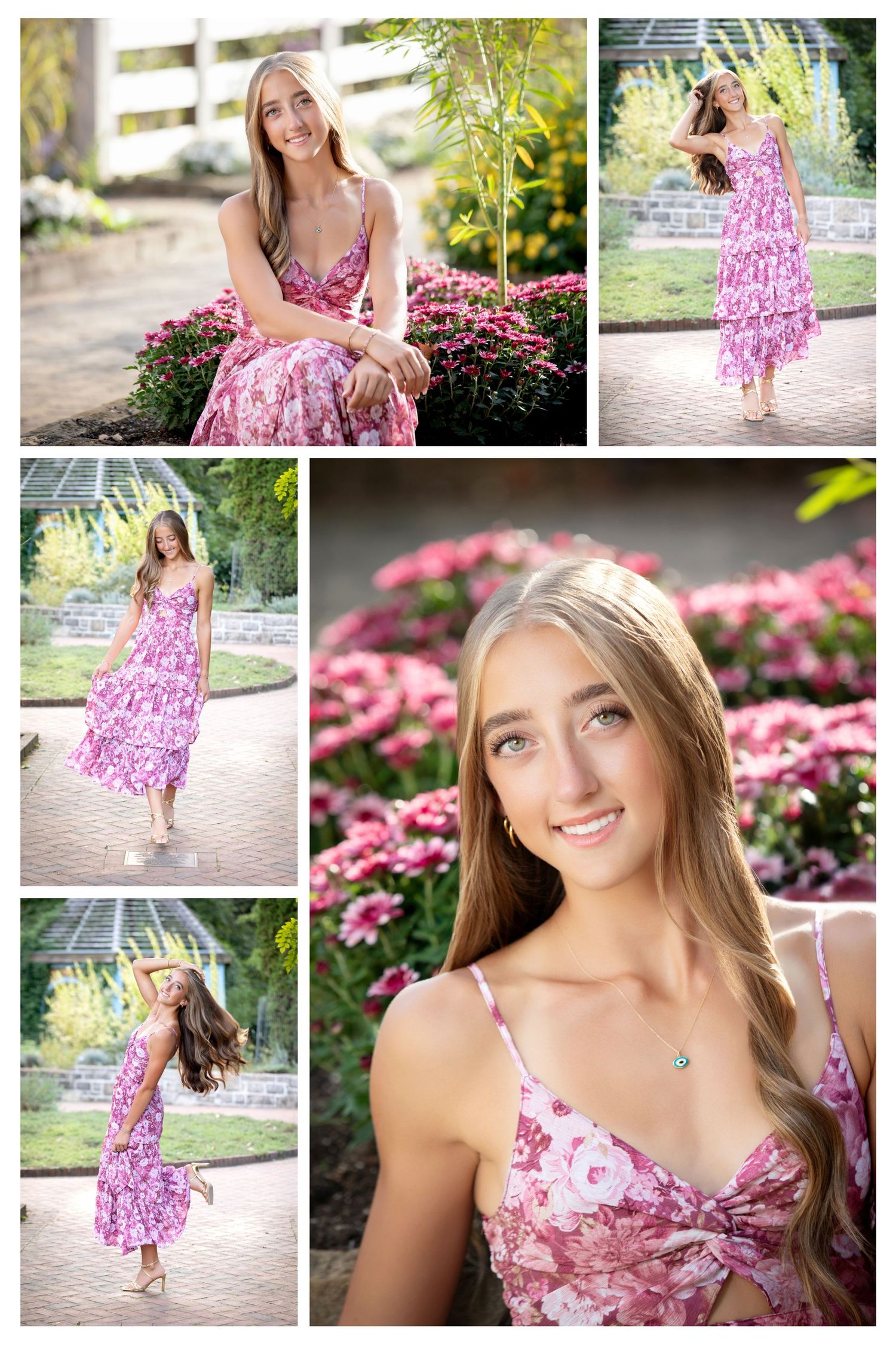 Olentangy Liberty senior photos at Inniswood Gardens with pink flowers, garden paths, and colorful summer scenery.