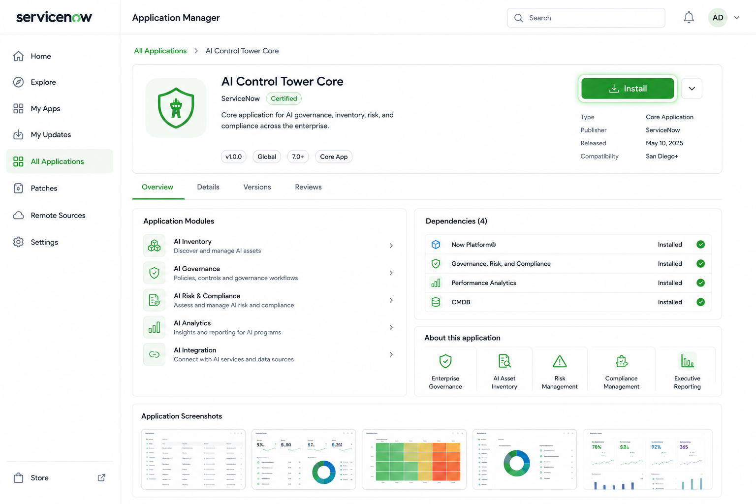 ServiceNow Application Manager dashboard showing AI Control Tower Core app with modules, dependencies, and analytics screenshots.