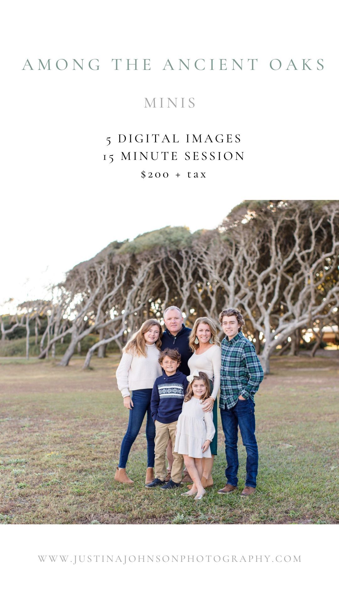 Family of six posing outdoors near ancient oak trees for a mini photography session, $200 for 5 digital images.