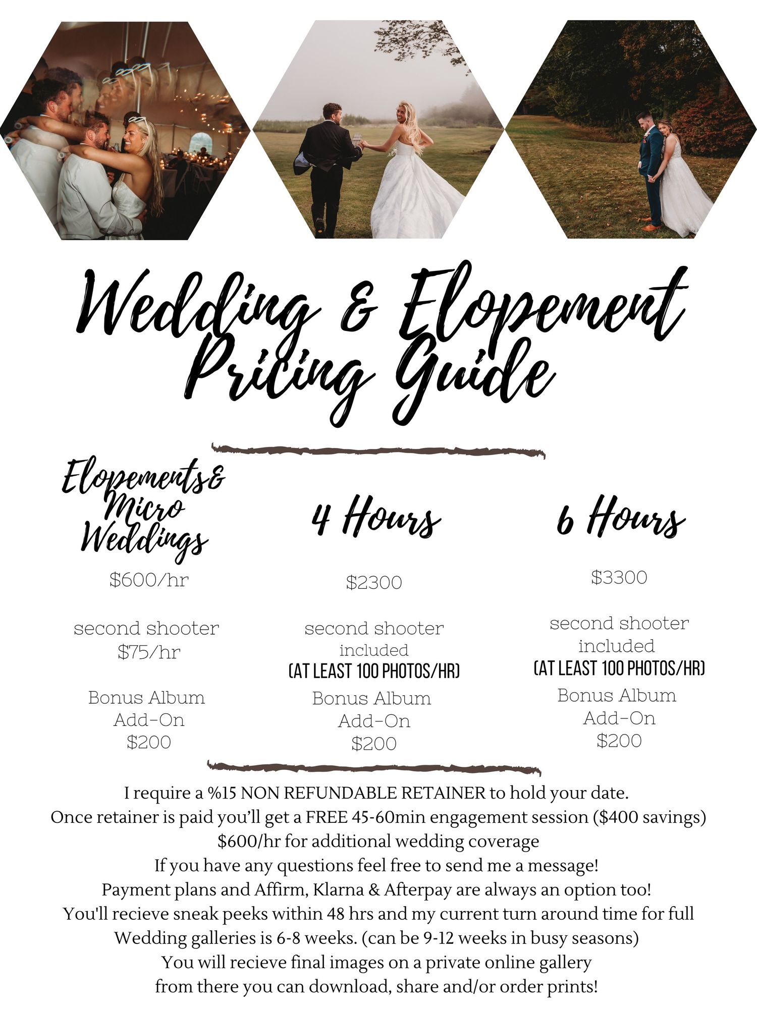 Wedding and elopement photography pricing guide showing packages for 4 and 6 hour coverage with bonus album add-ons.