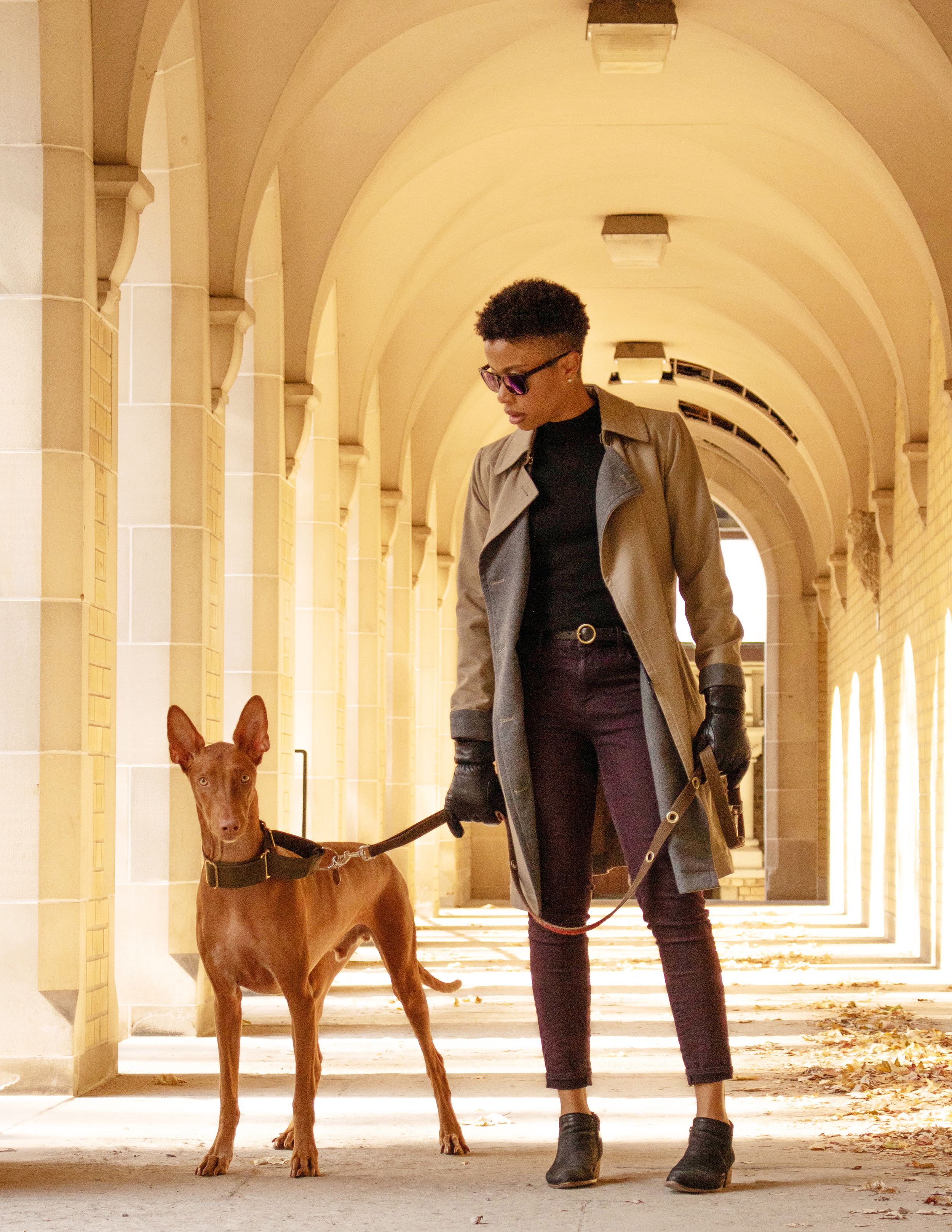Stylish young man in trench coat walking a brown dog through an elegant arched stone corridor.
