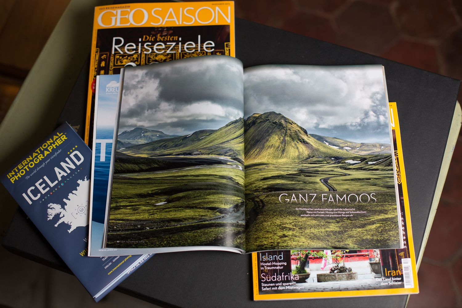 GEO Saison travel magazines spread open showing Deutschland feature and Reiseziele 2015 top destinations issue.
