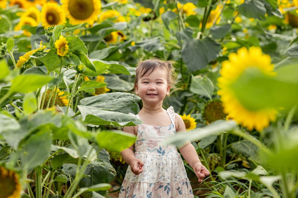 A joyful toddler girl in a floral dress smiles brightly while standing among tall blooming sunflowers in a sunny field.