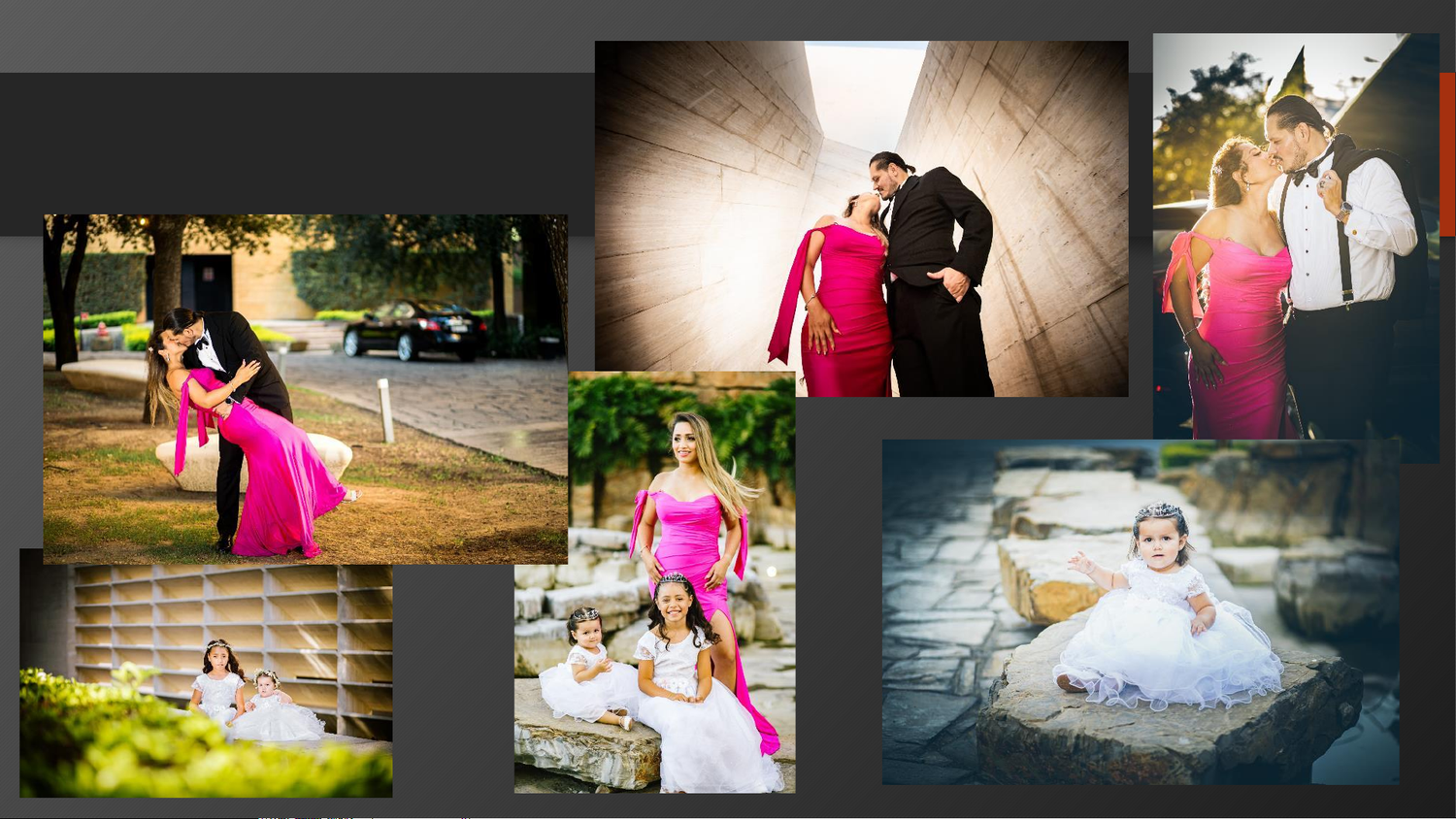 Elegant photo collage featuring a girl in a white ball gown with pink-dressed attendants outdoors.