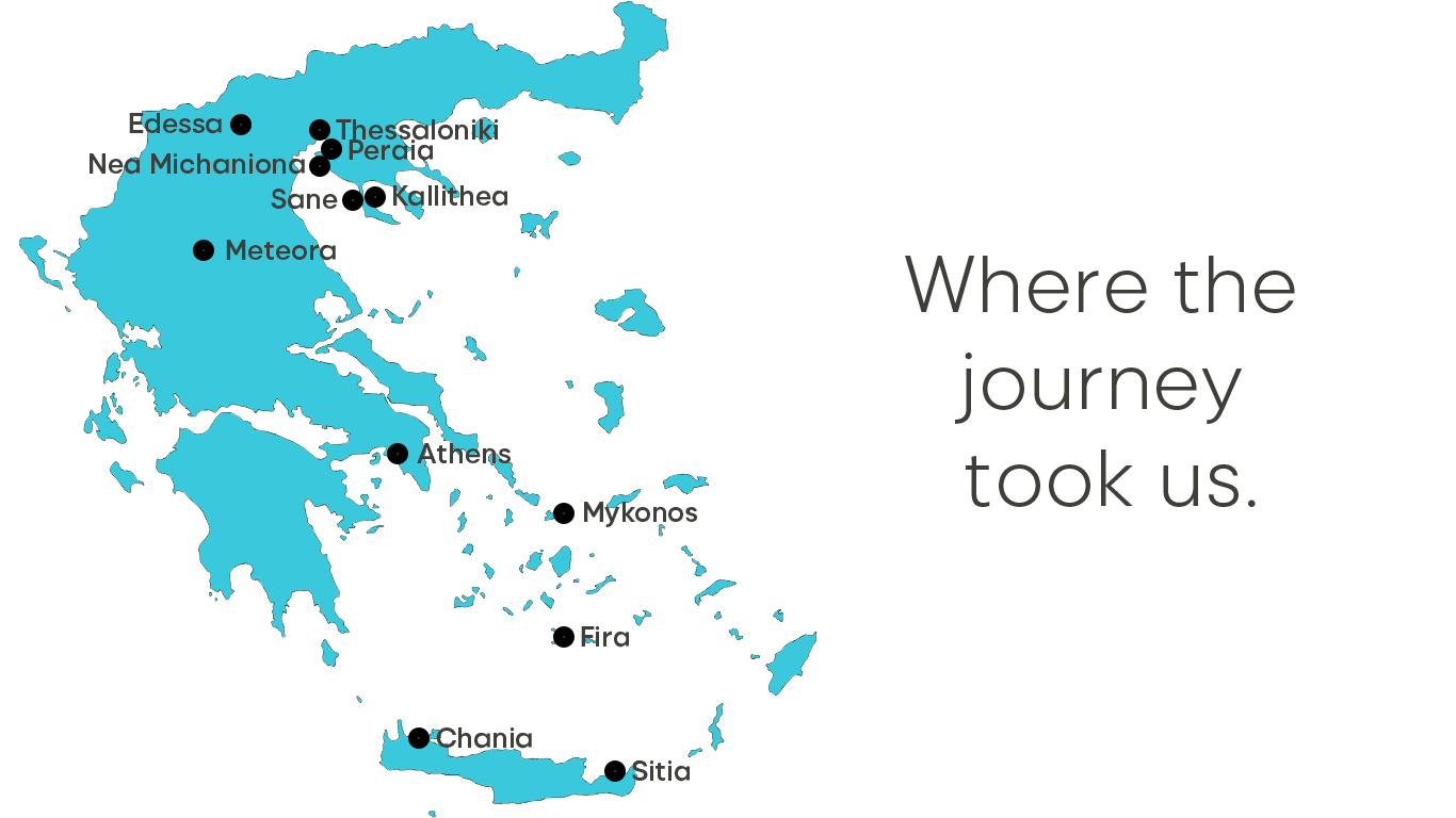 Map of Greece highlighting travel destinations with text 'Where the journey took me.' on a teal illustrated map.