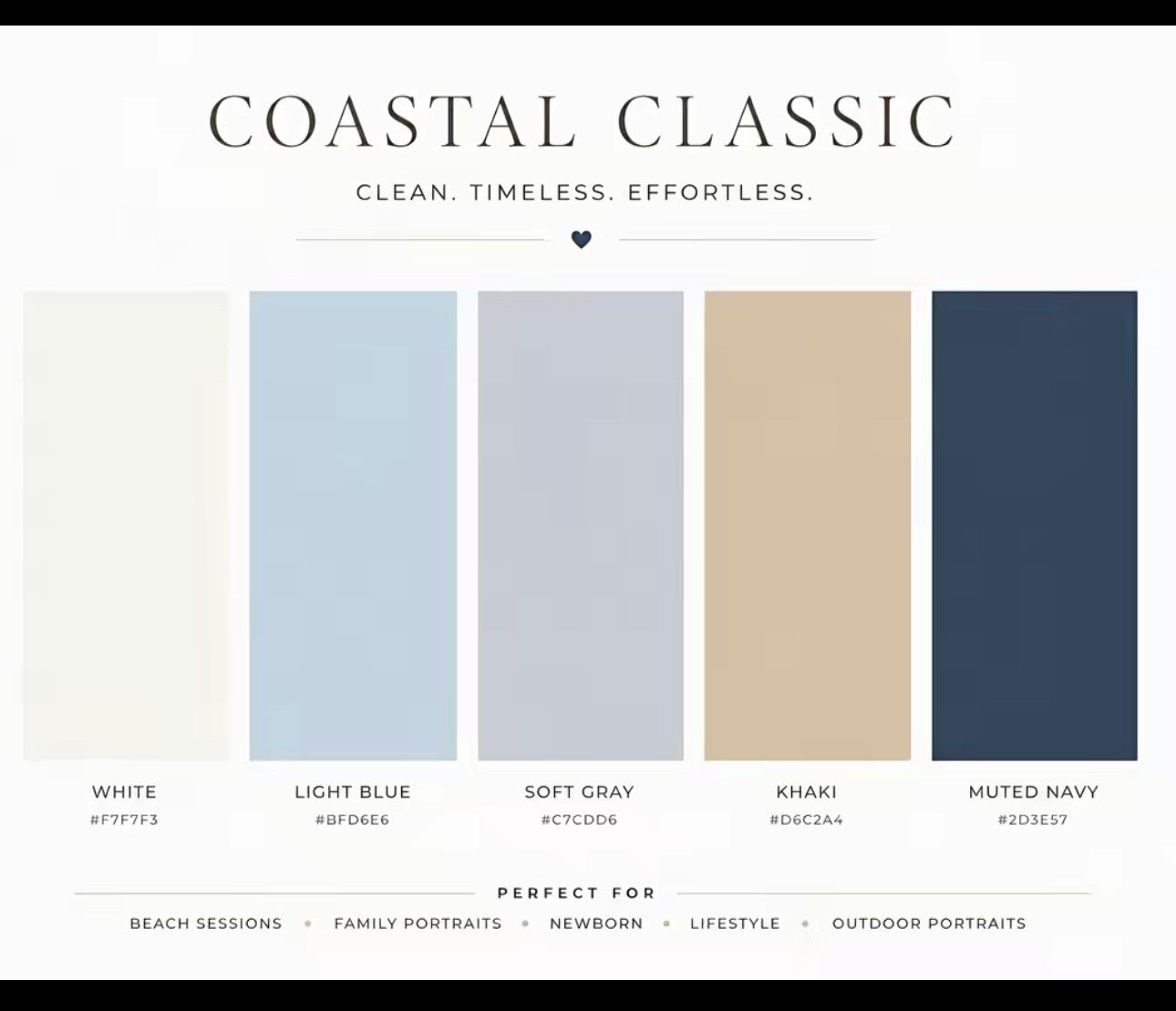 Coastal Classic color palette featuring white, light blue, soft gray, khaki, and muted navy swatches for photography.