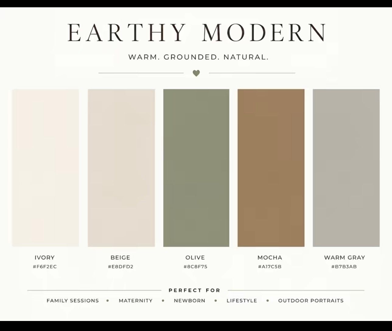 Earthy modern color palette featuring ivory, beige, olive, mocha, and warm gray swatches for warm, grounded photography.