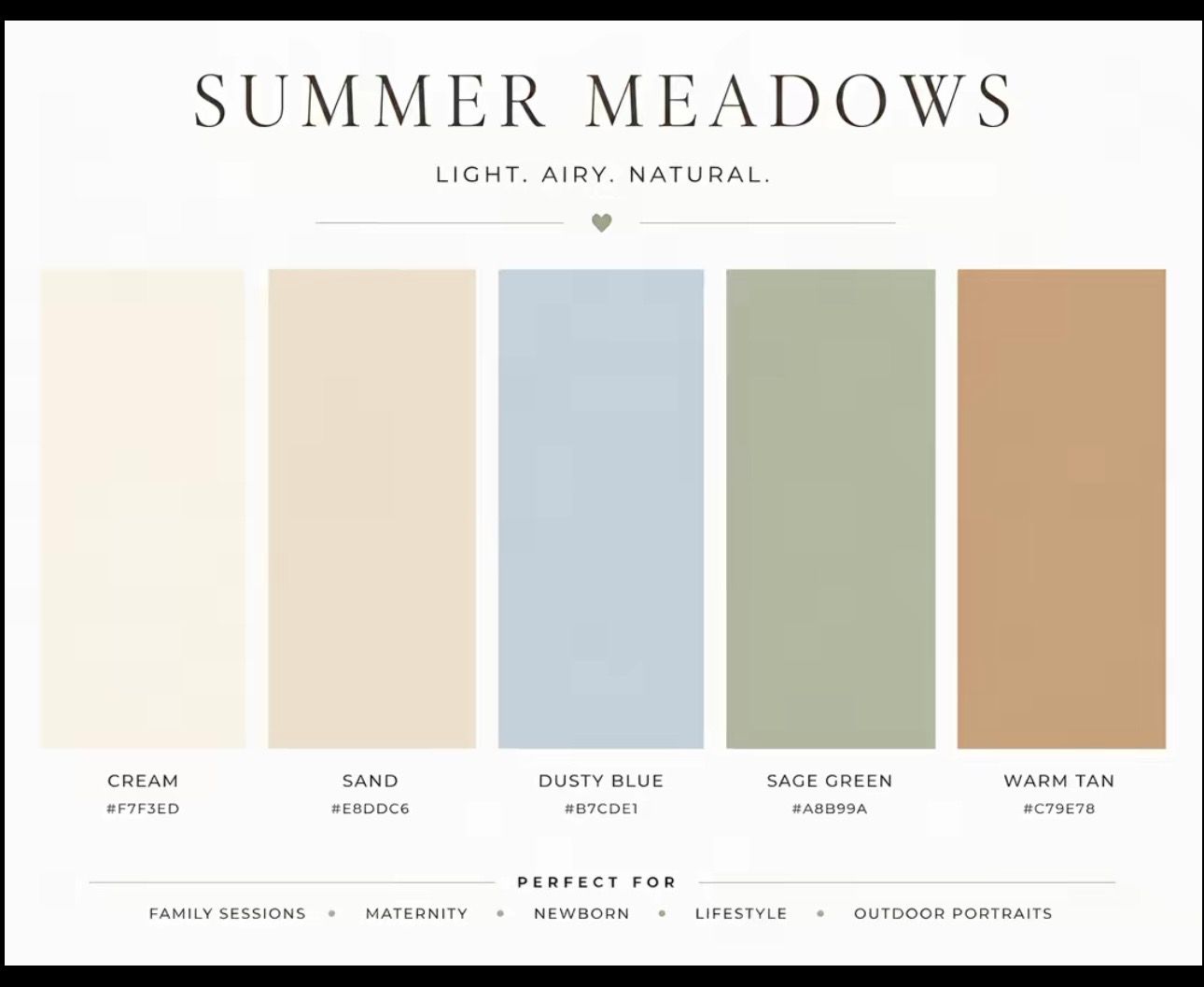 Summer Meadows light airy natural color palette featuring Cream, Sand, Dusty Blue, Sage Green, and Warm Tan swatches.