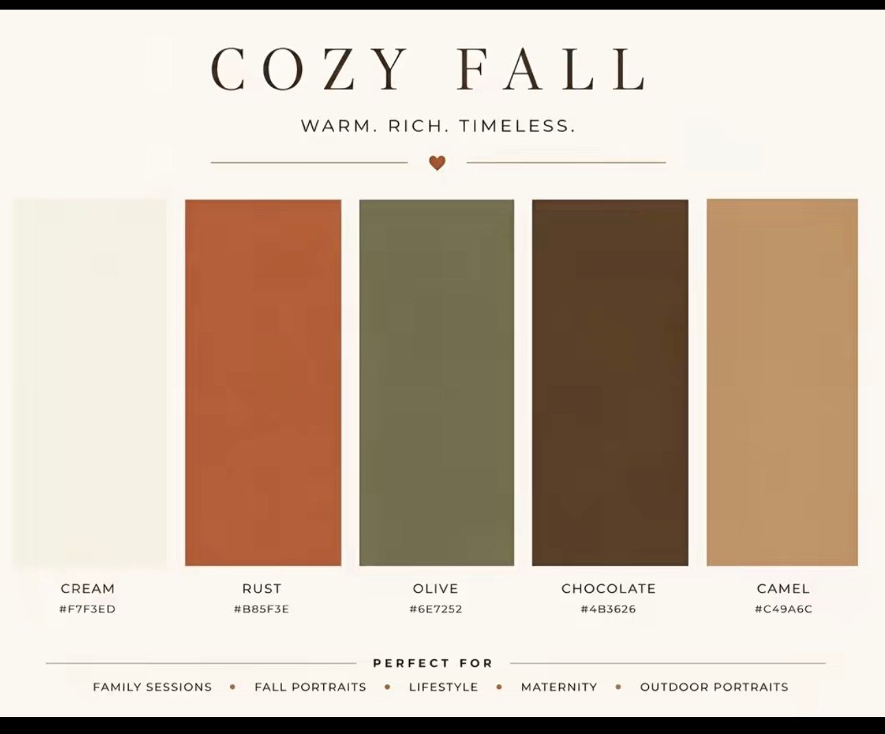 Cozy Fall color palette featuring cream, rust, olive, chocolate, and camel swatches for warm seasonal photography sessions.