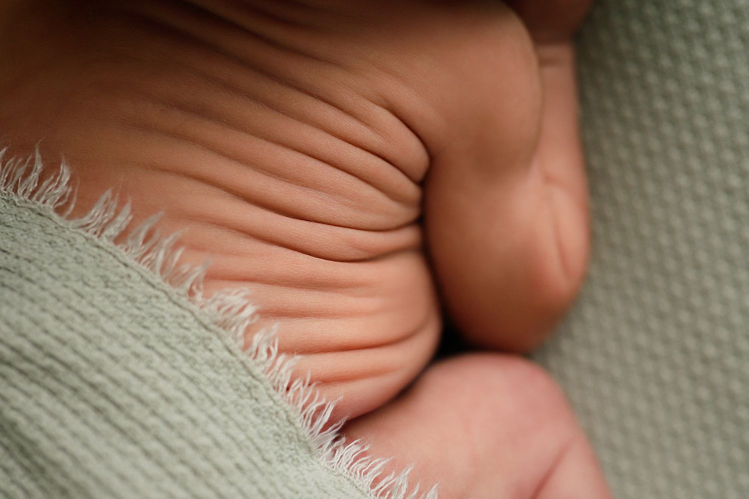 Close-up of tiny newborn baby feet resting on a soft green textured blanket. Newborn photography details