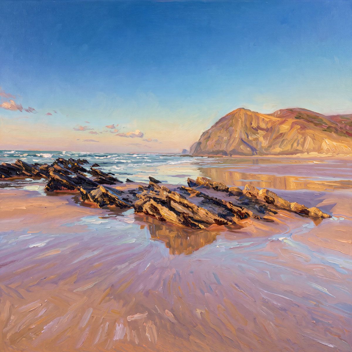 Oil painting of a golden sunset beach with rocky outcrops, reflective wet sand, and a dramatic cliff in warm pastel tones.